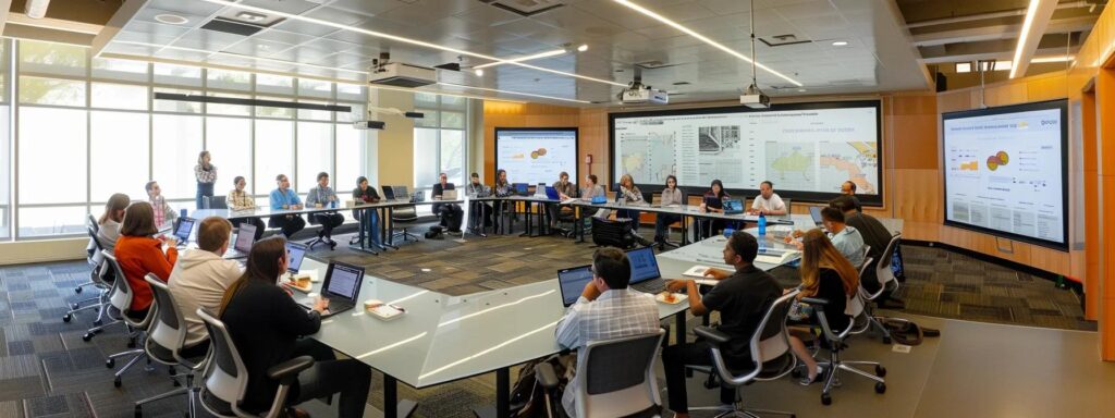 a dynamic office setting illustrates a modern workspace filled with diverse professionals engaged in a collaborative discussion on successfully applying for arizona set aside programs. the scene features a large conference room with a sleek, glass table surrounded by individuals of varying backgrounds using devices like laptops and tablets, showcasing charts and data on a large digital screen. bright, overhead led lighting floods the room, enhancing the focus on the engaged faces and the clear visuals displayed. the color palette consists of clean whites, energetic blues, and warm wood tones, creating an inviting yet professional atmosphere. the image is captured from a slight high-angle perspective to encompass the entire group collaboration, emphasizing teamwork and the exchange of ideas, shot with a canon eos r5, utilizing the rf 24-105mm f4 l is usm lens, at an aperture of f/4.0 for sharp focus, ensuring the entire scene is illuminated and vibrant.
