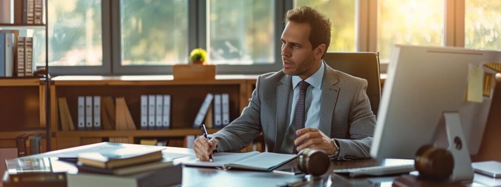 a focused lawyer sits confidently at a modern office desk, surrounded by legal books and a computer, passionately discussing marijuana expungement options with a hopeful client in a brightly lit, professional environment.