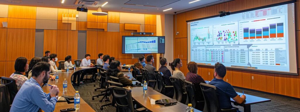 a sleek conference room filled with engaged professionals reviewing a digital presentation on arizona set aside application success steps, illuminated by bright overhead lights and featuring a large screen displaying vibrant charts and data.