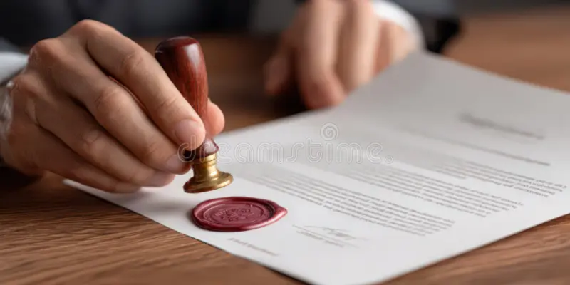 A person stamping legal documents for sealing records