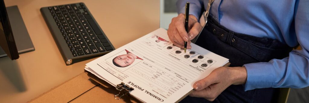 Officer reviewing criminal record folder for Arizona record sealing services