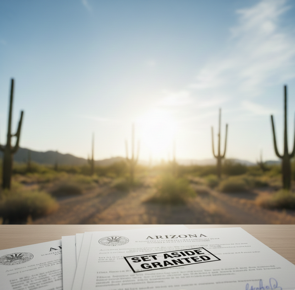 Arizona land set aside grant document with key on desk, desert landscape at sunrise