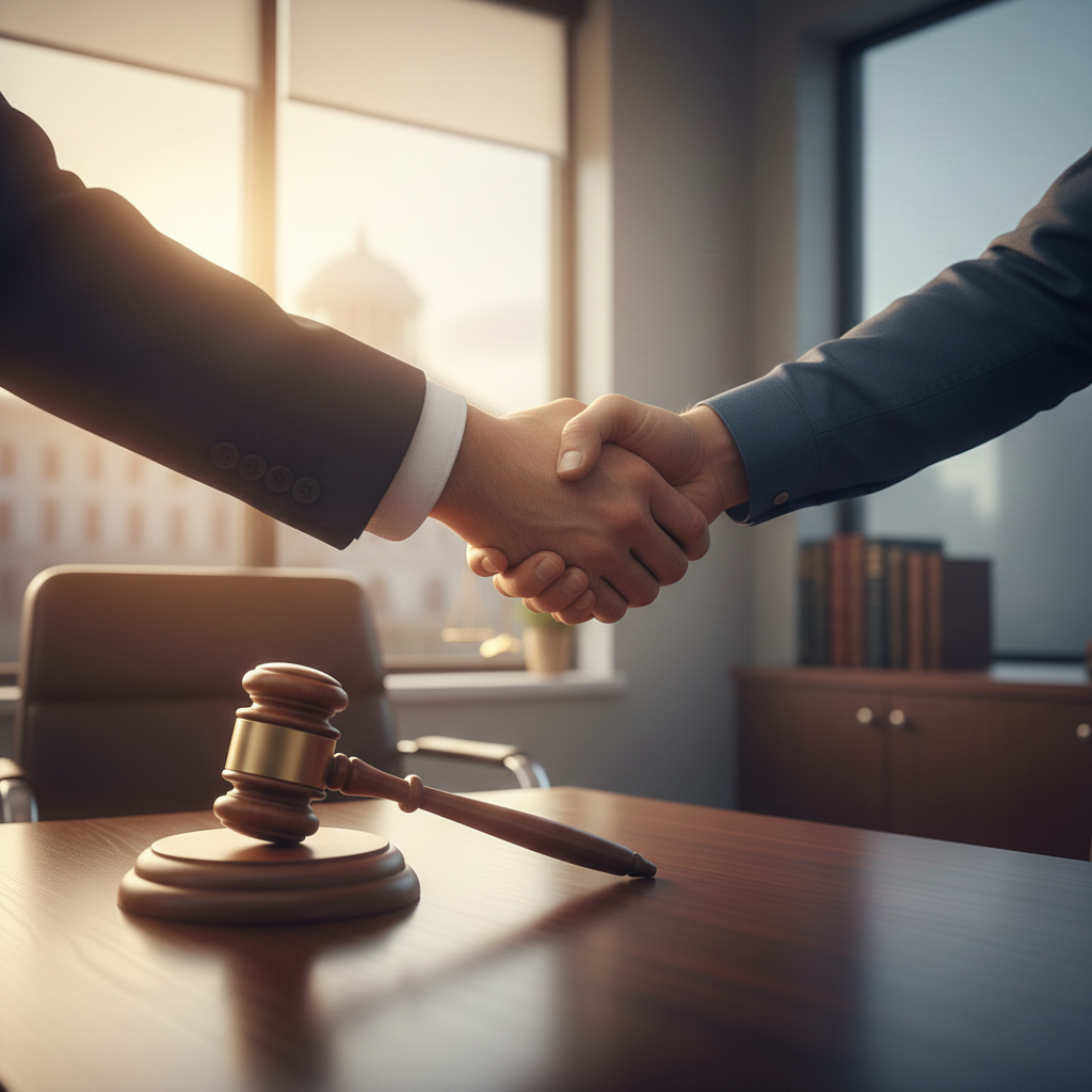 Business handshake over legal desk with judge gavel, symbolizing agreement or settlement