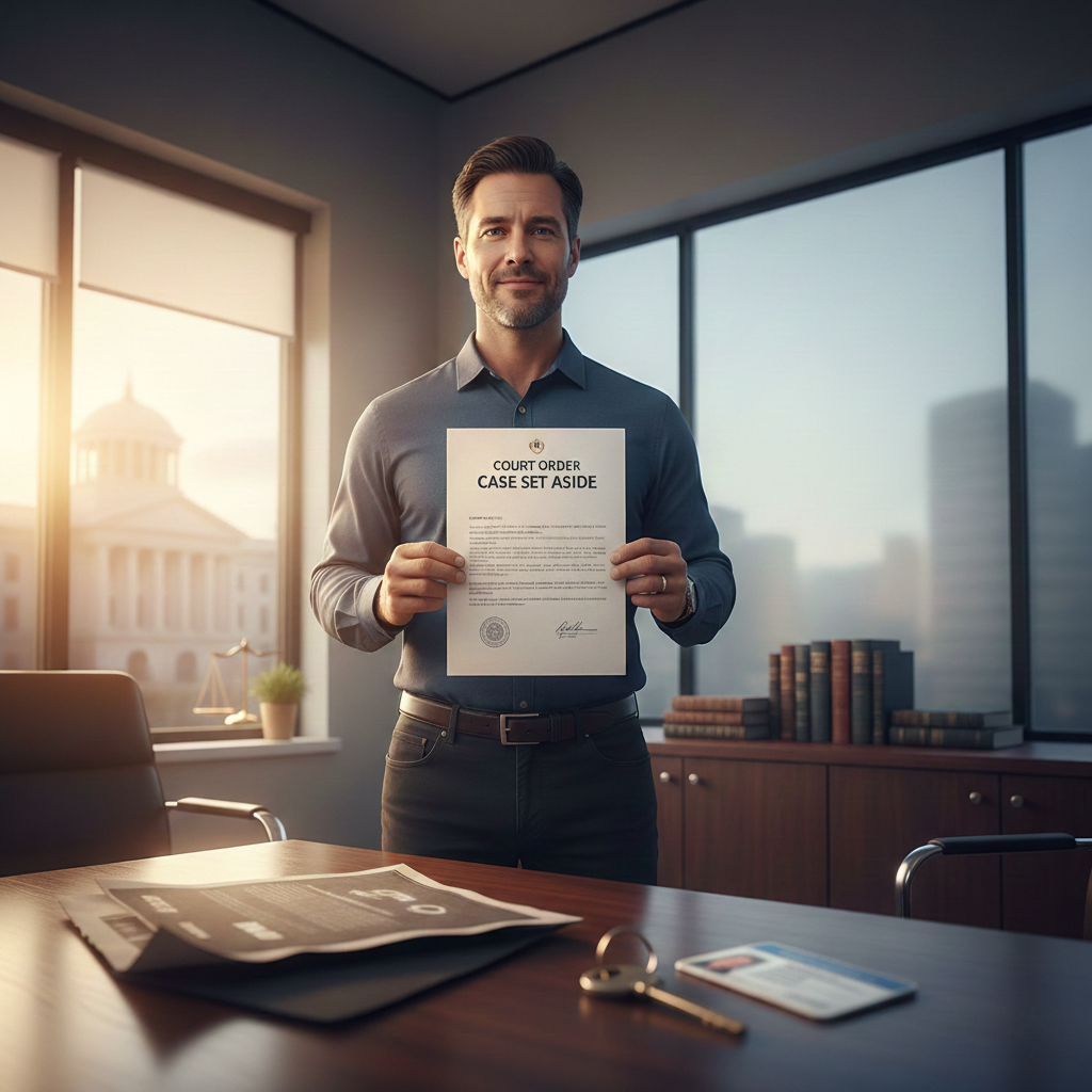 Man holding Arizona case set aside document in office, legal success and court approval