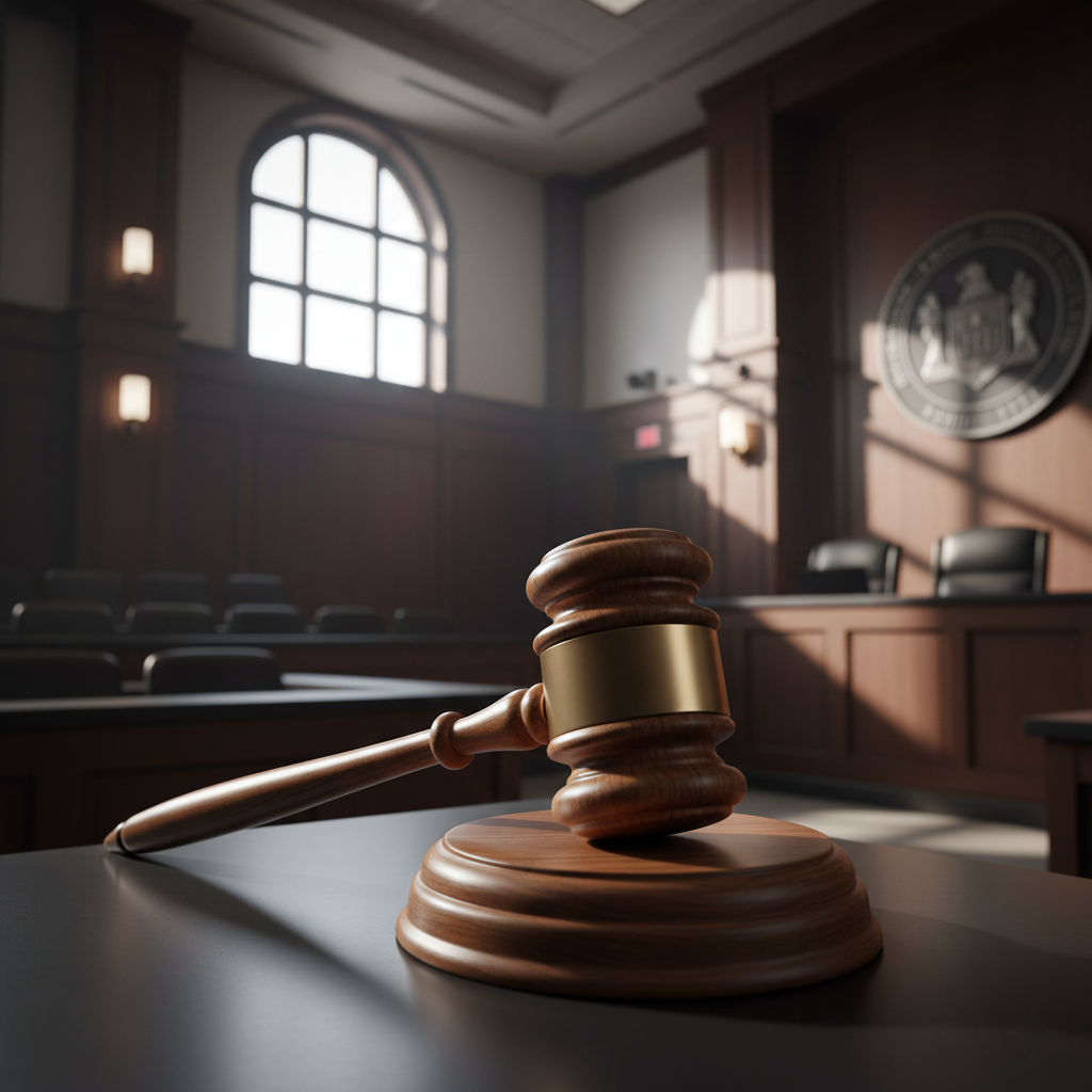 Wooden judge gavel on desk inside empty courtroom with sunlight and legal seal
