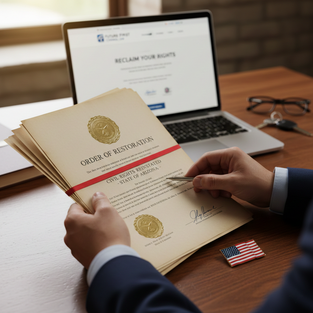 Person reviewing felony rights restoration certificate at desk with laptop and U.S. flag