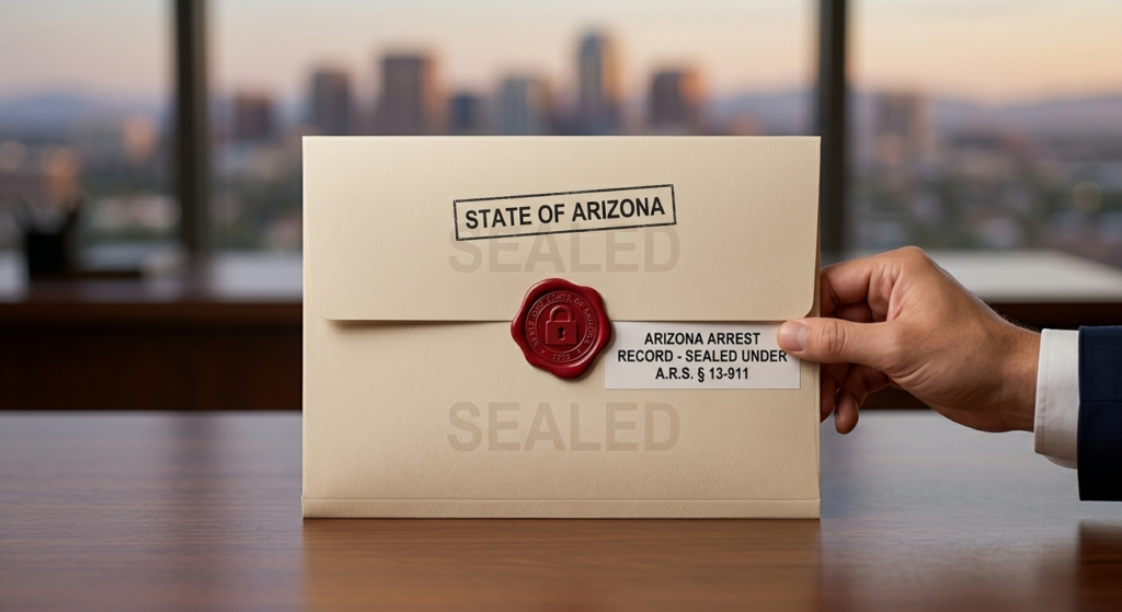 Arizona state sealed envelope with official stamp on desk, business hand holding document